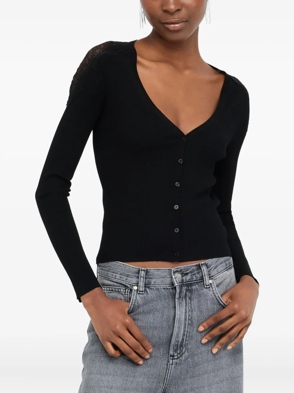 LIU JO lace-trimmed ribbed cardigan Zwart