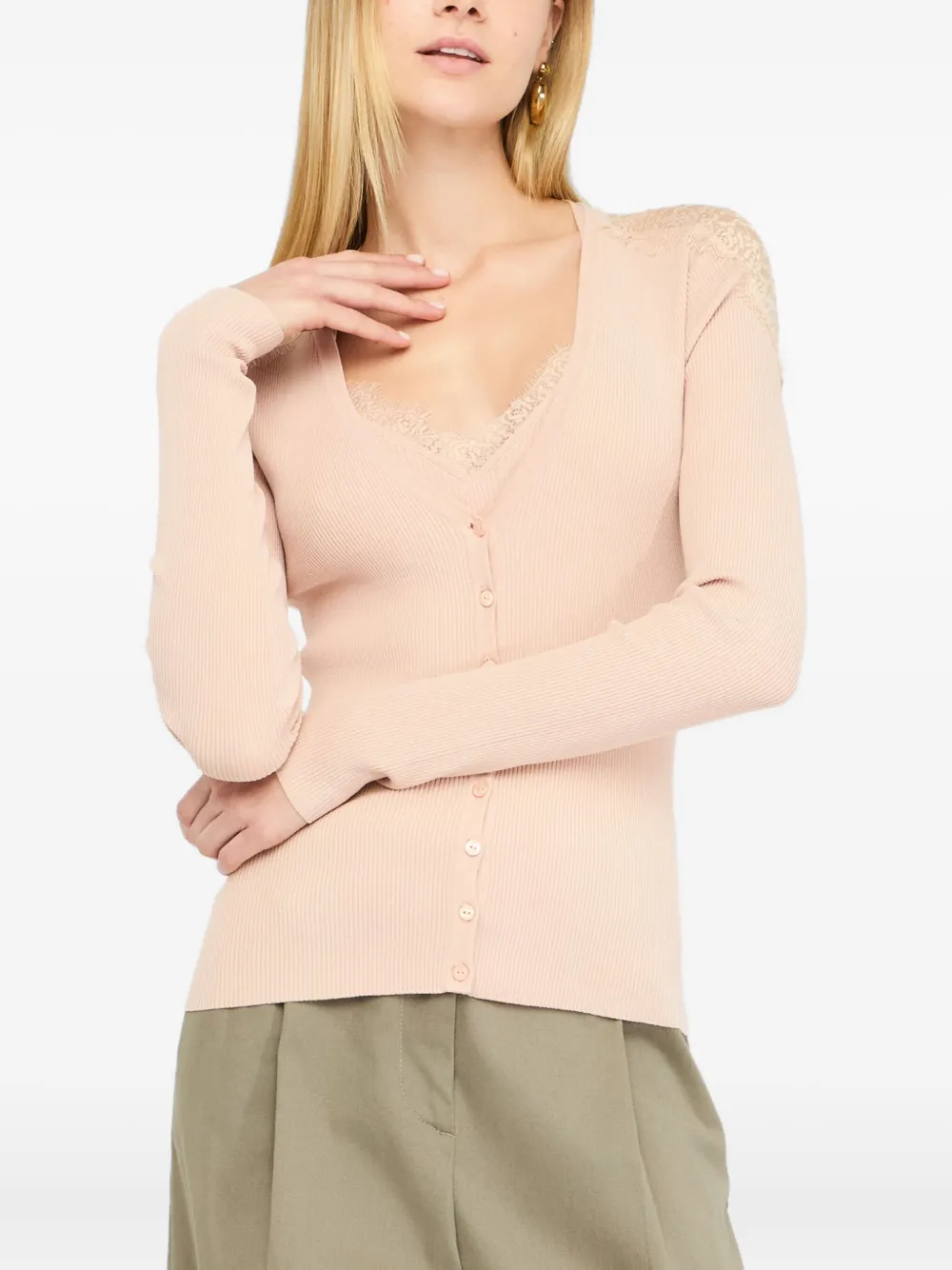 LIU JO lace-trimmed ribbed cardigan Roze
