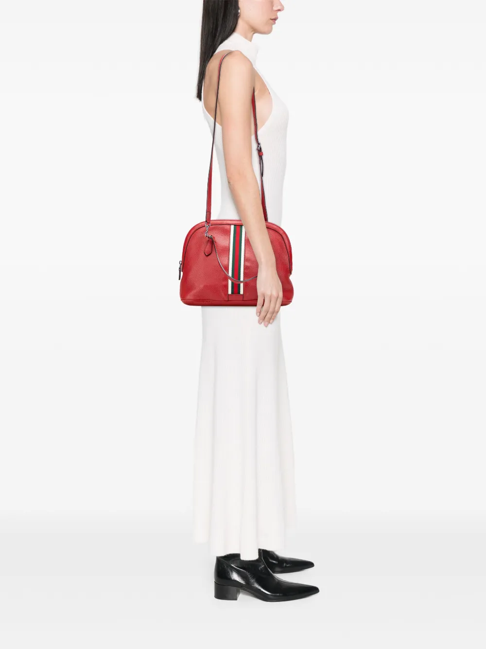 Pre-owned Gucci 2000-2015 Medium Leather Web Dome Satchel In Red
