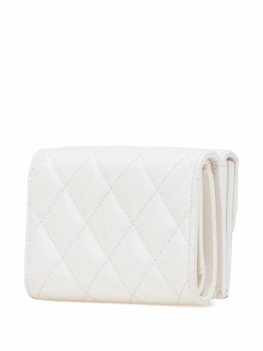 Pre-owned Chanel 2021-2025 Cc Quilted Caviar Trifold Flap Wallet Long Wallets In White