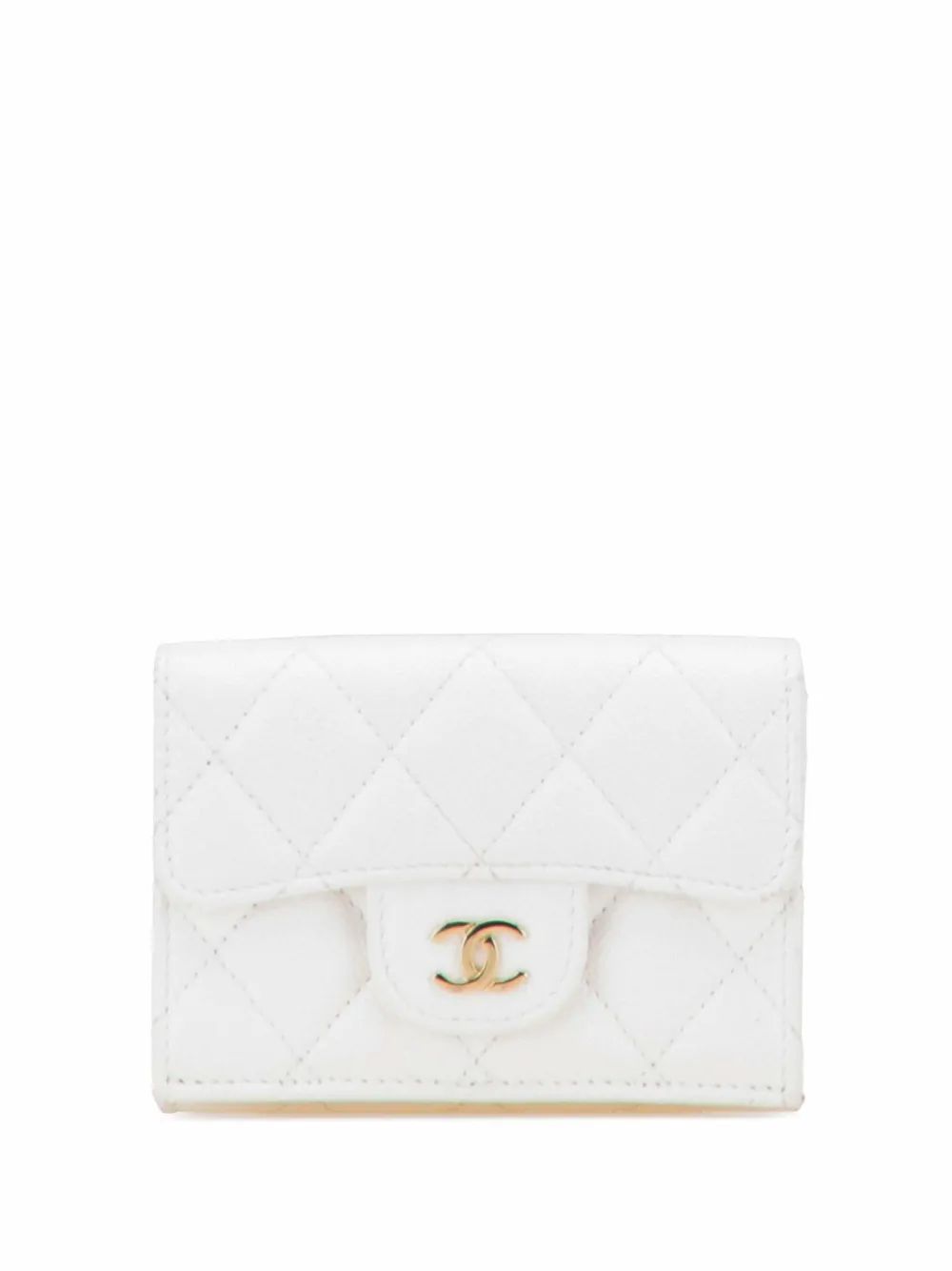 Pre-owned Chanel 2021-2025 Cc Quilted Caviar Trifold Flap Wallet Long Wallets In White