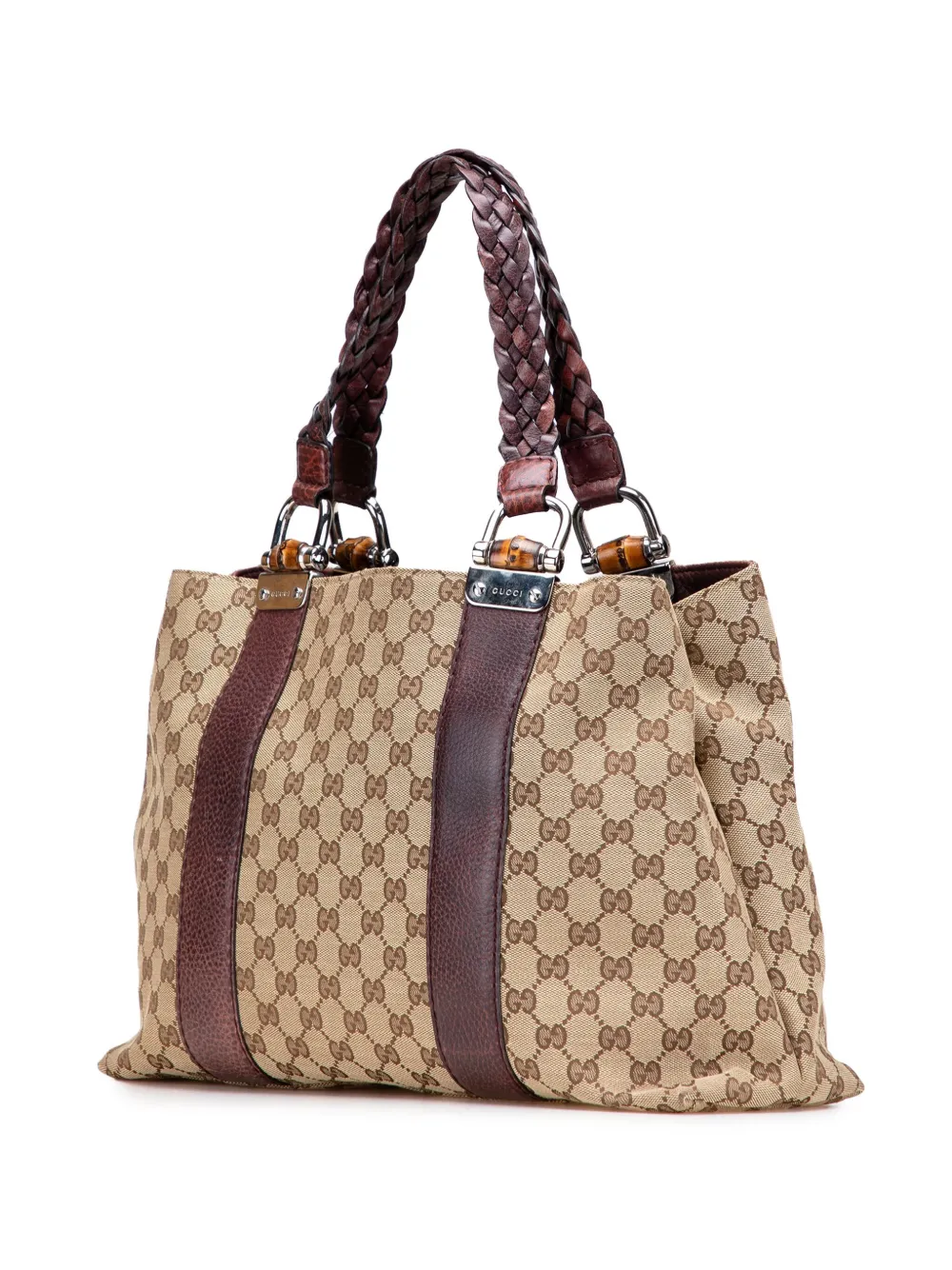 Pre-owned Gucci 2000-2015 Medium Gg Canvas Bamboo Libeccio Tote Bag In Brown