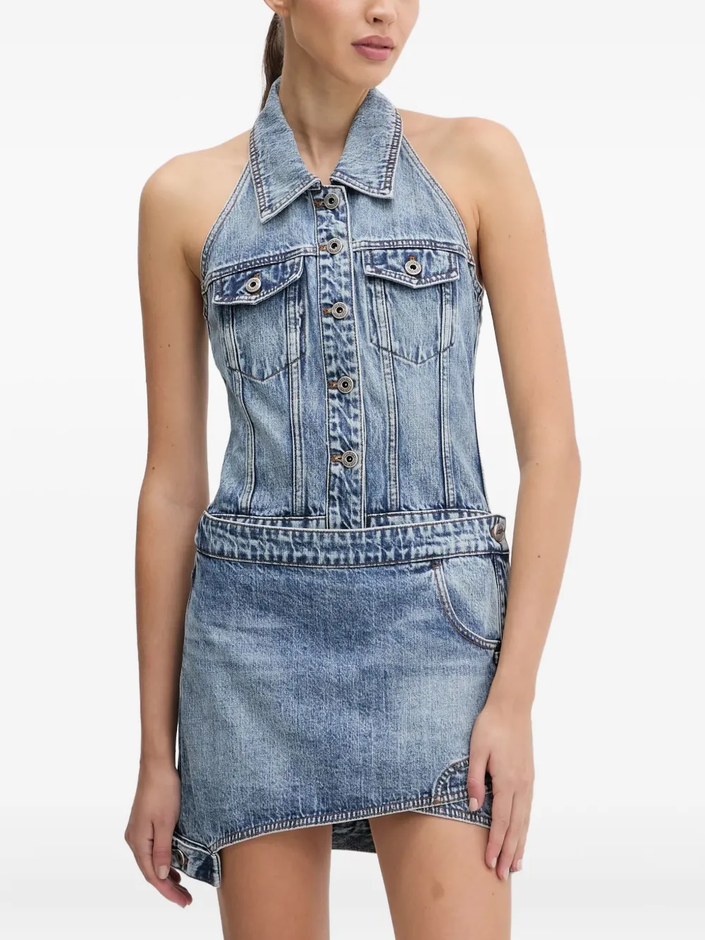 Miss Sixty Buttoned Halterneck Mini Dress In Blue