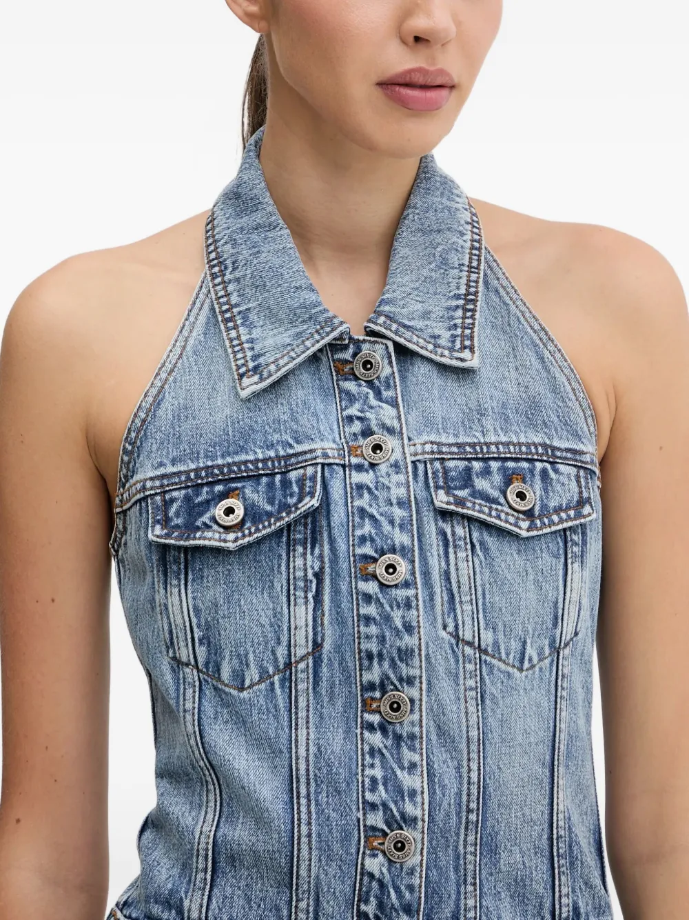 Miss Sixty Buttoned Halterneck Mini Dress In Blue