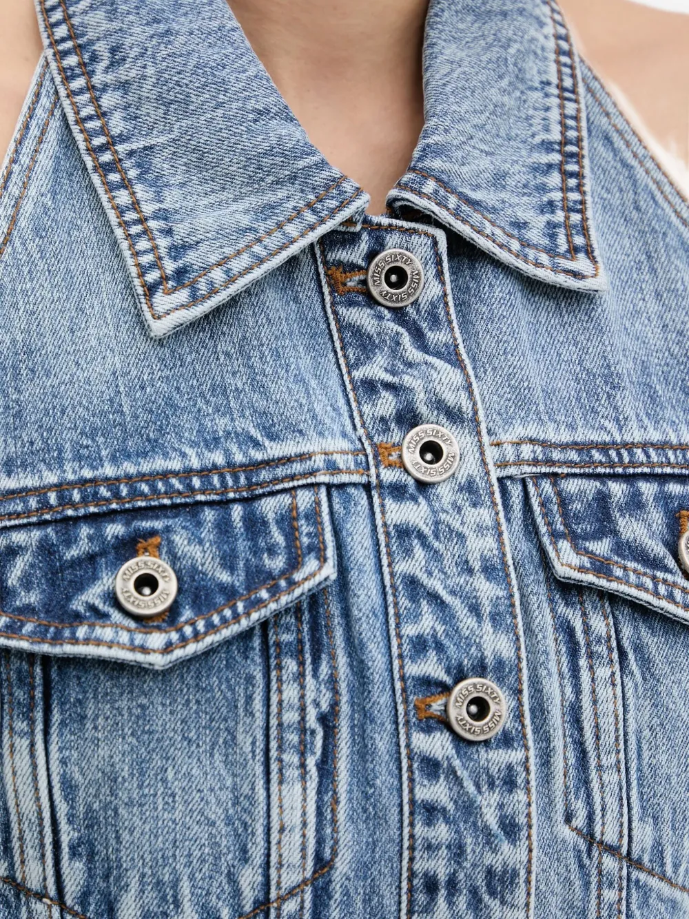 Miss Sixty Buttoned Halterneck Mini Dress In Blue