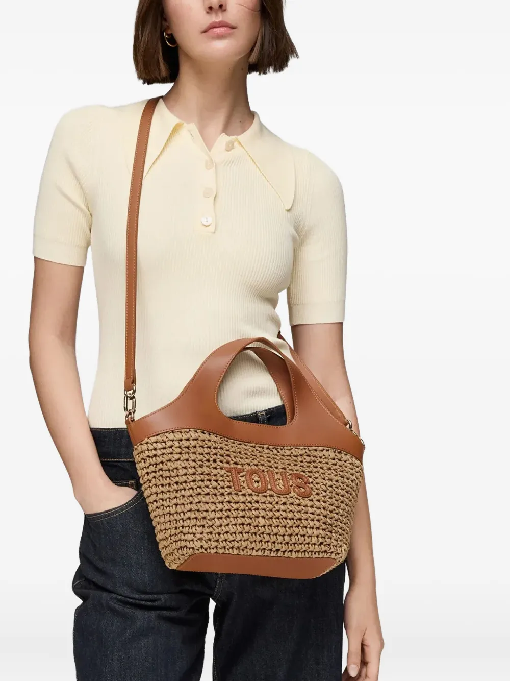 TOUS Lirio Rafia leather-trimmed tote bag - Bruin