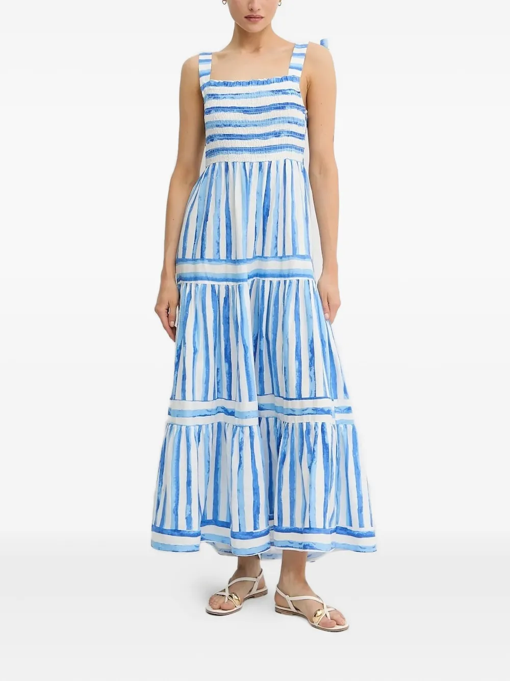 Pedro Del Hierro Smocked-striped Midi Dress In Blue