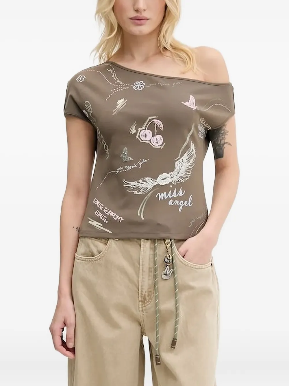 Miss Sixty graffite ワンショルダートップ - ブラウン Miss Sixty graffite ワンショルダートップ - ブラウン
