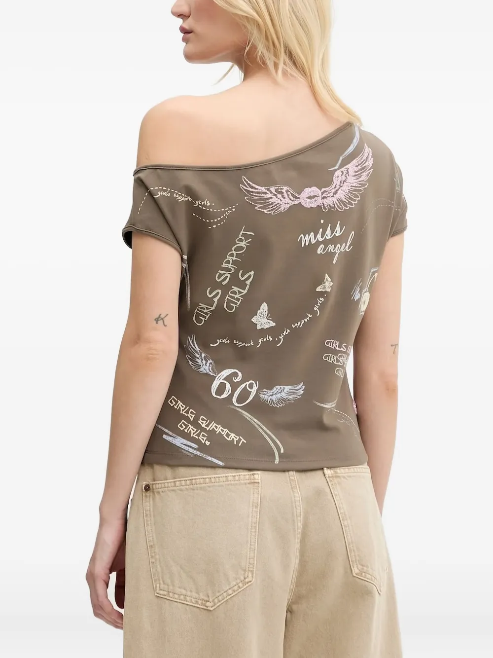 Miss Sixty Graffite Slanted One-shoulder Embellished Top In Gray