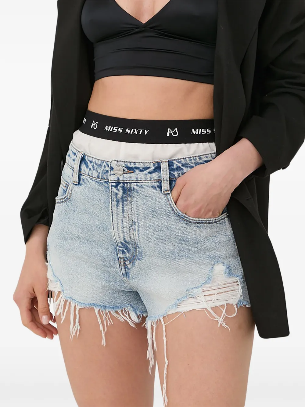 Miss Sixty Logo-band Frayed-hem Shorts In Blue