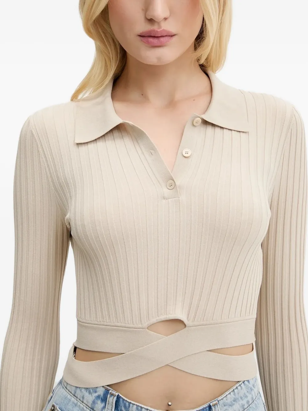Miss Sixty Ribbed-knit Polo Top In Blue