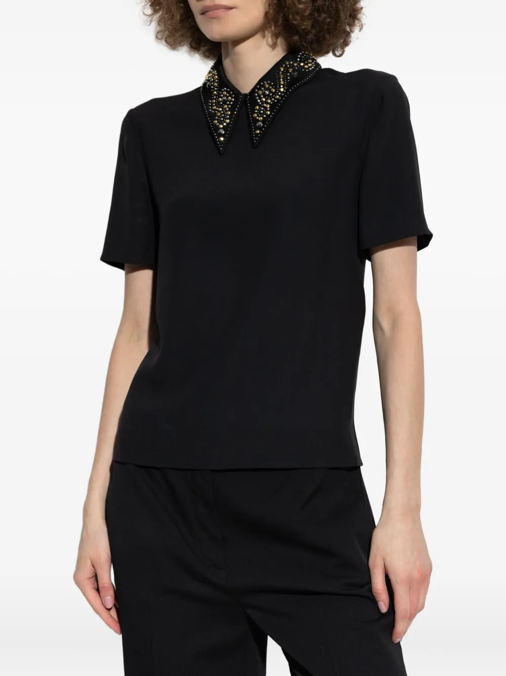 Versace Pointed Collar Black Shirt With Gold And Silver Embellishments In Black