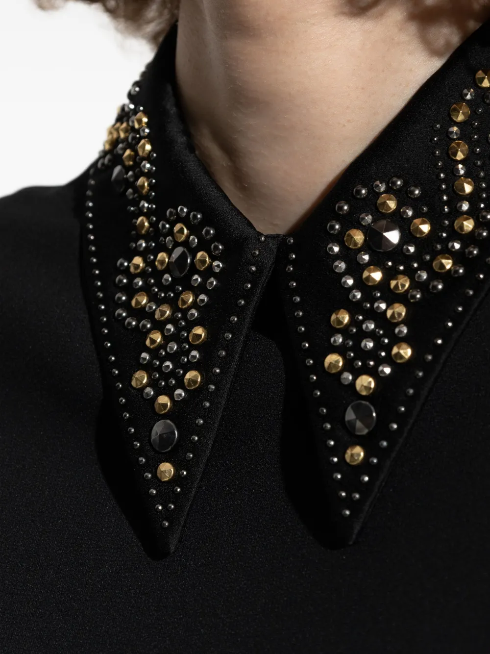 Versace Pointed Collar Black Shirt With Gold And Silver Embellishments In Black