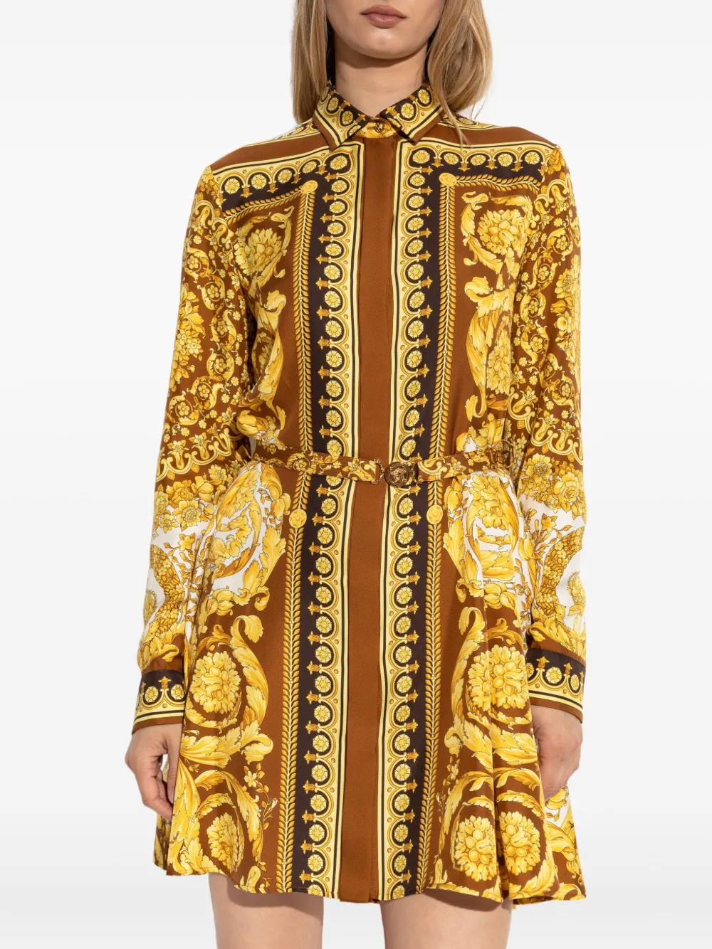 Versace Zijden blousejurk met ceintuur Geel