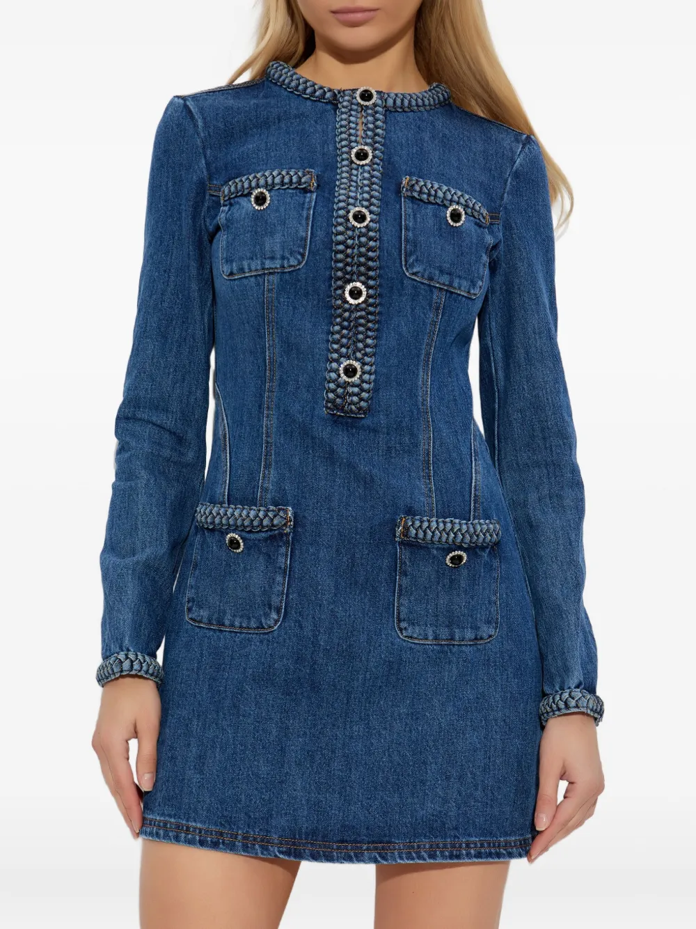 Self-Portrait braided-detail denim dress Blauw