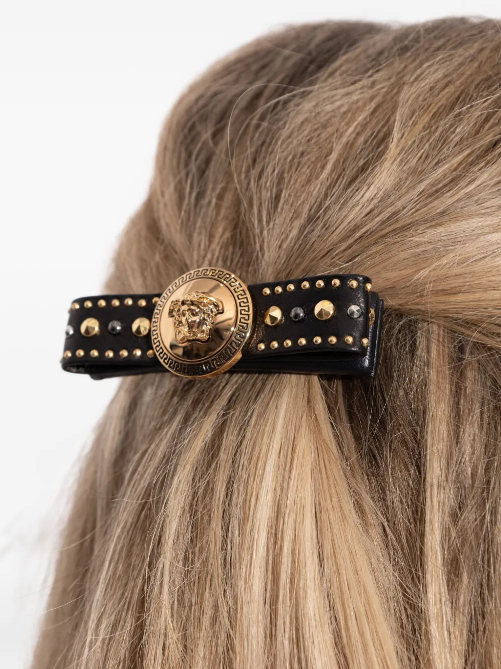 Versace Medusa leren haarclip met studs Zwart
