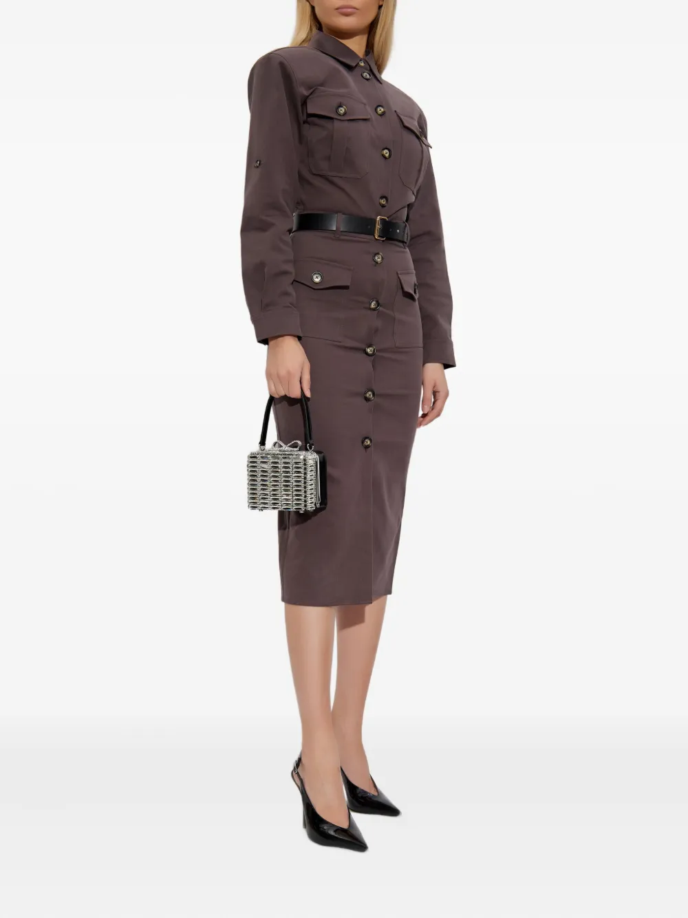 Self-Portrait button-fastening belted dress Bruin