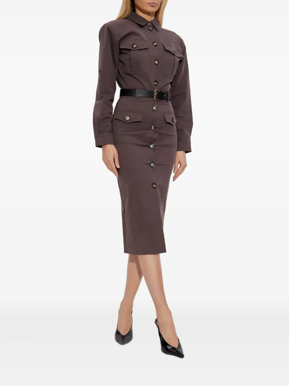 Self-Portrait button-fastening belted dress Bruin