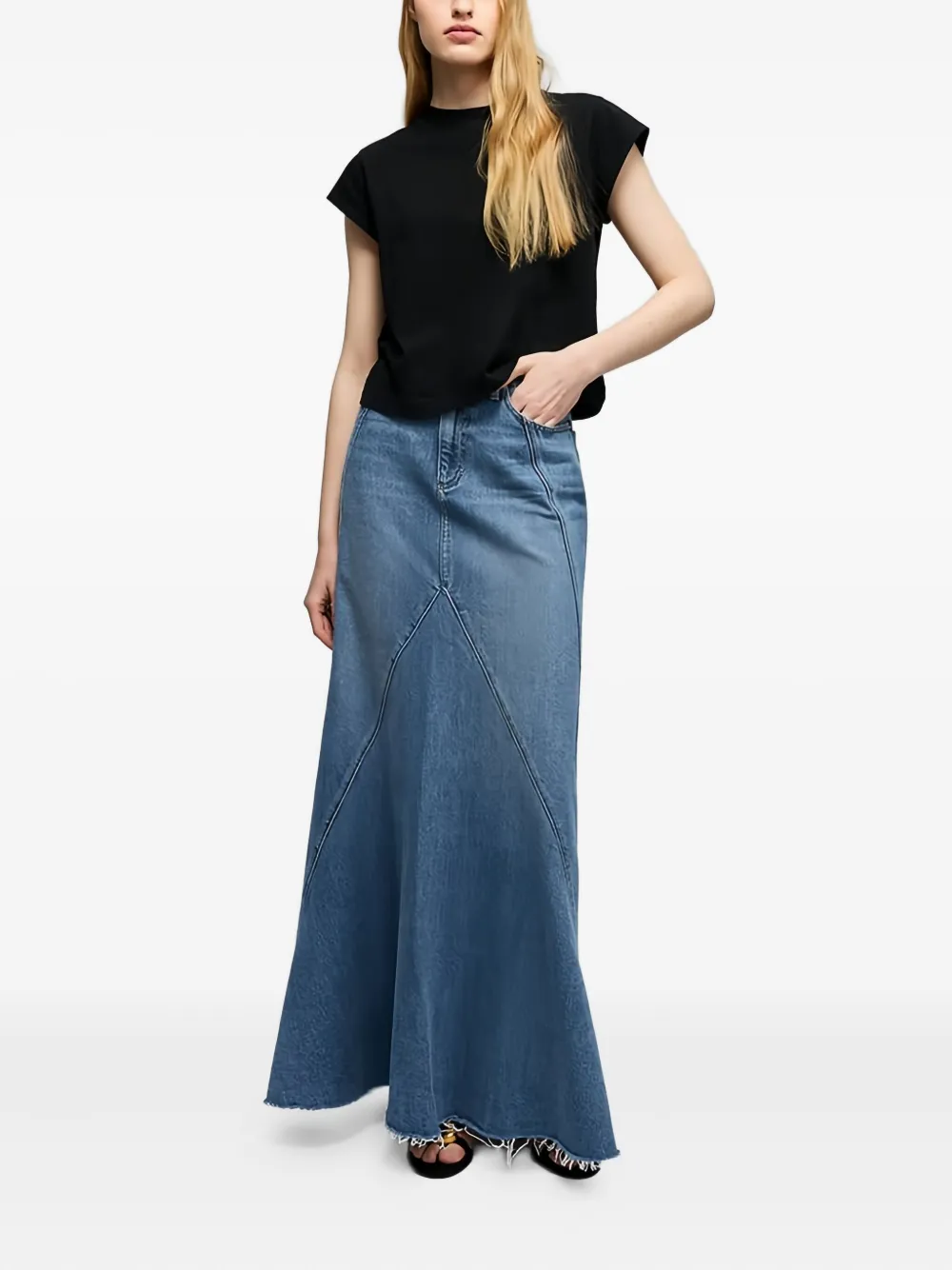 Hey Joanie Ocean Wave Panelled Denim Maxi Skirt In Blue