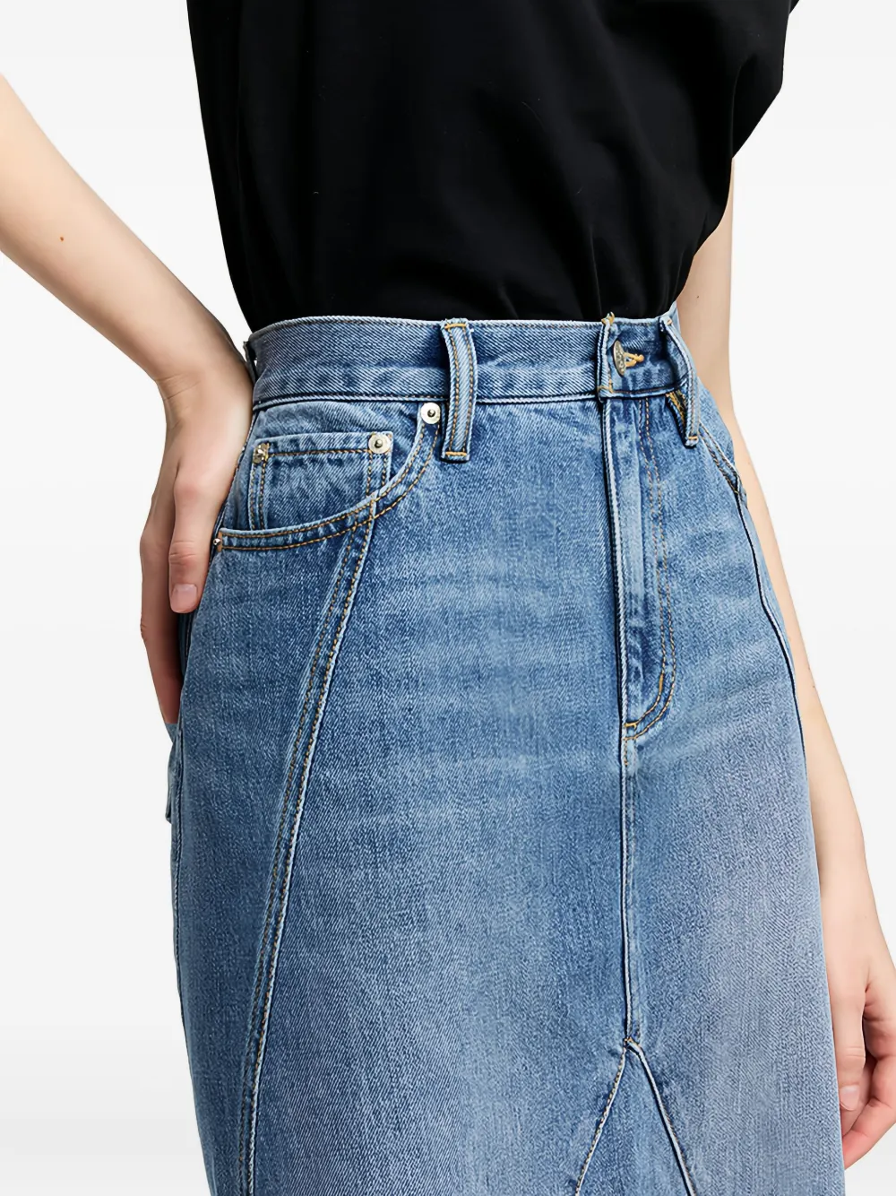 Hey Joanie Ocean Wave Panelled Denim Maxi Skirt In Blue