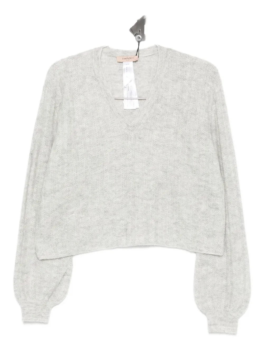 Twinset Twin-set Cropped V-neck Sweater With Balloon Sleeves And Textured Knit In Gray
