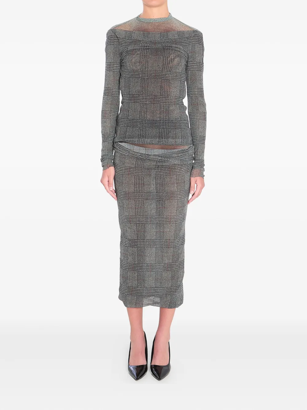 Jean Paul Gaultier Body Shadow Checked Midi Skirt In Gray