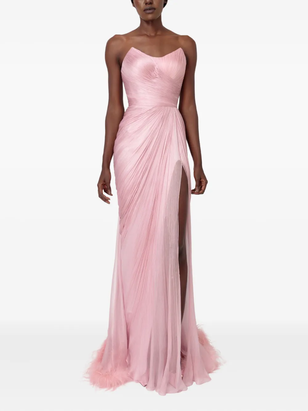 Iris Serban Mera Pleated Feather-trimmed Gown In Pink