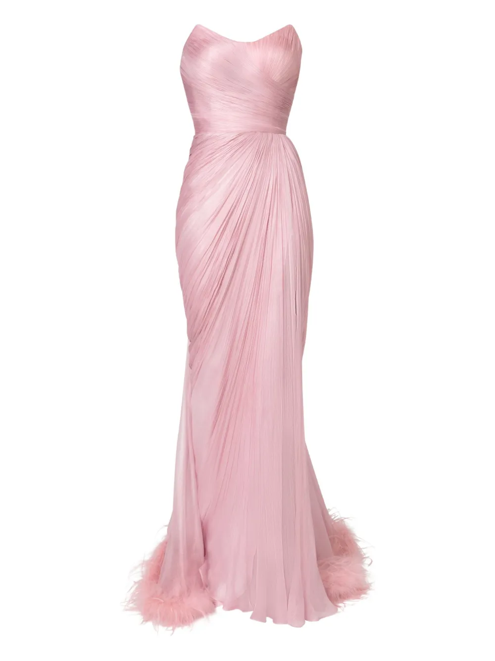 Iris Serban Mera Pleated Feather-trimmed Gown In Pink