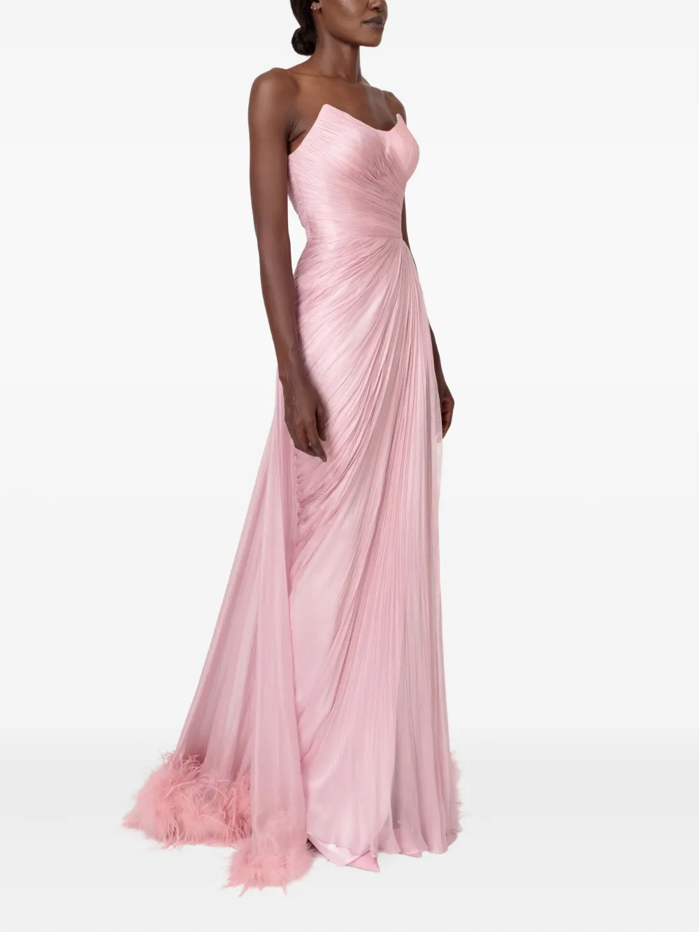 Iris Serban Mera Pleated Feather-trimmed Gown In Pink