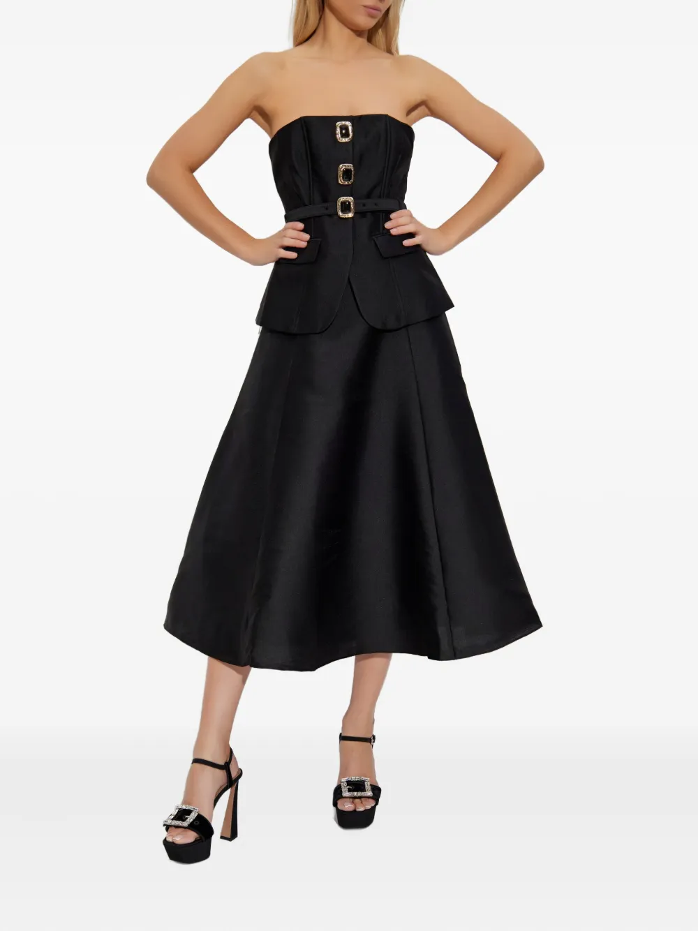 Self-Portrait belted buckle-detail dress Zwart