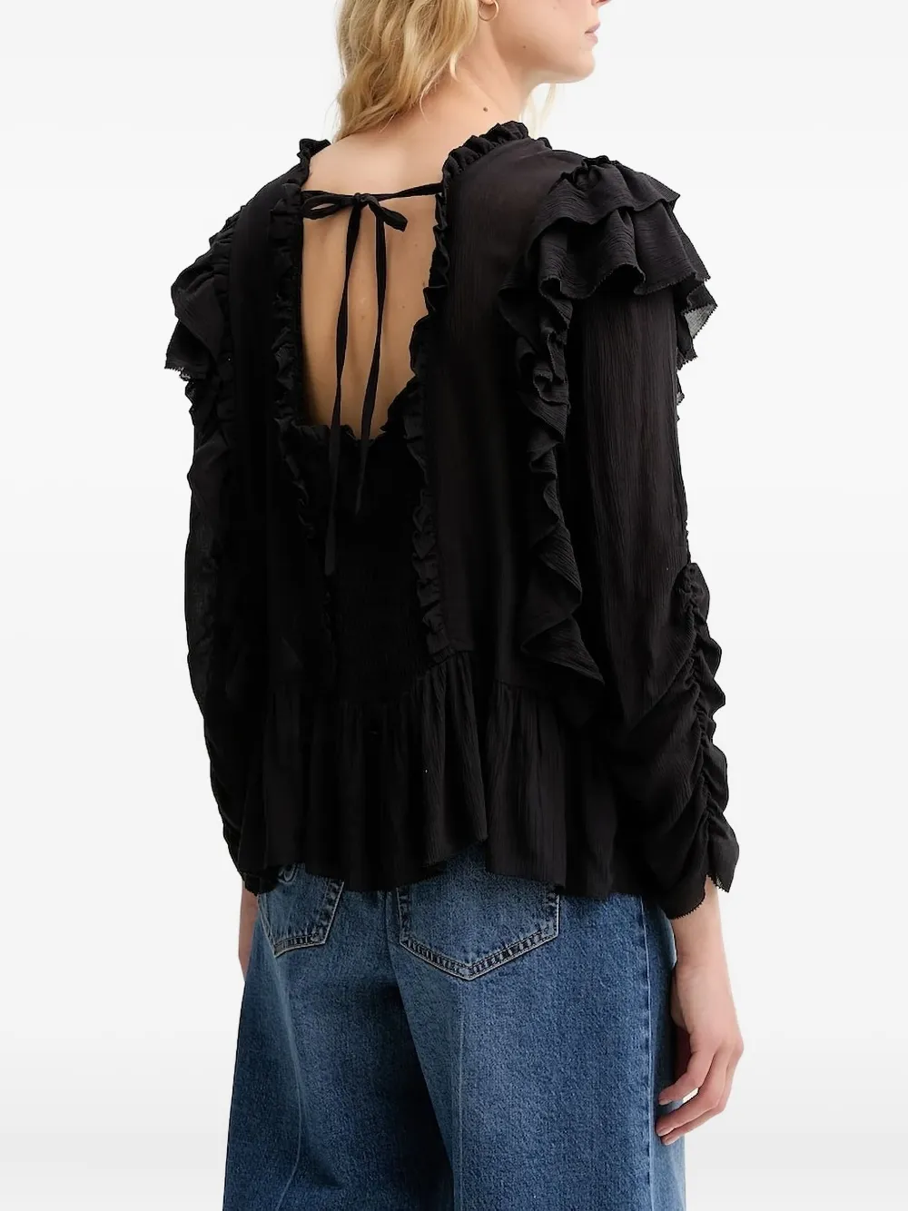 MUNTHE Crisp gesmockte blouse met ruches Zwart