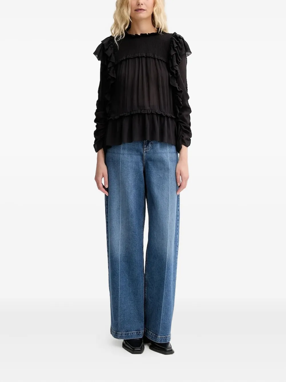MUNTHE Crisp gesmockte blouse met ruches - Zwart