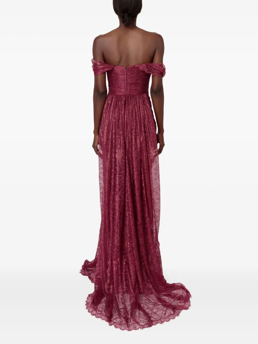 Iris Serban Eleria Draped Lace Gown In Burgundy