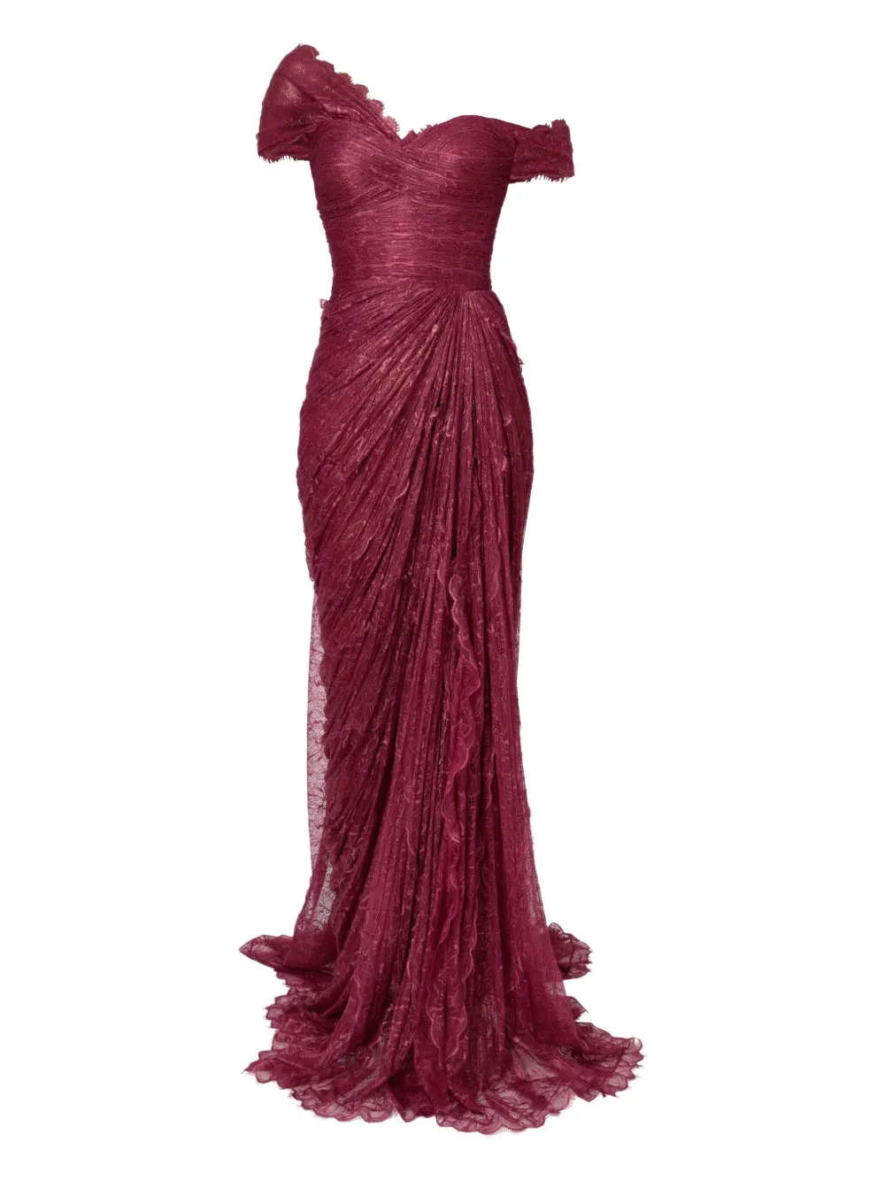 Iris Serban Eleria Draped Lace Gown In Burgundy