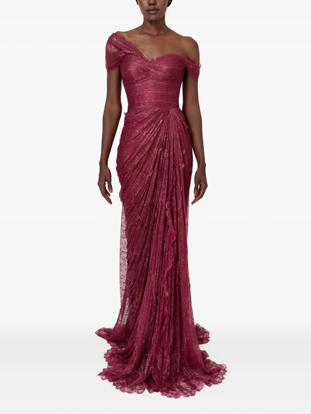 Iris Serban Eleria Draped Lace Gown In Burgundy