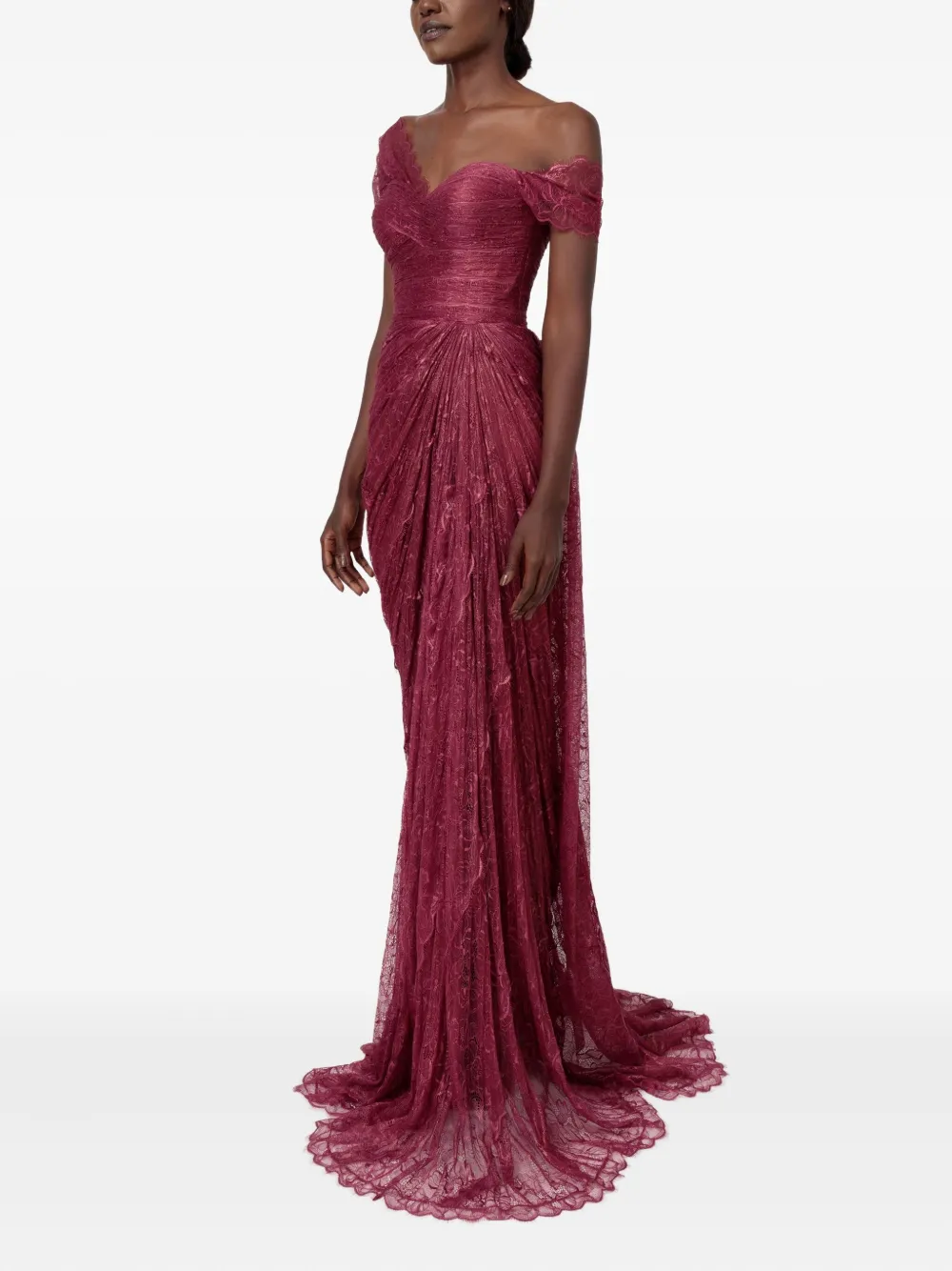 Iris Serban Eleria Draped Lace Gown In Burgundy