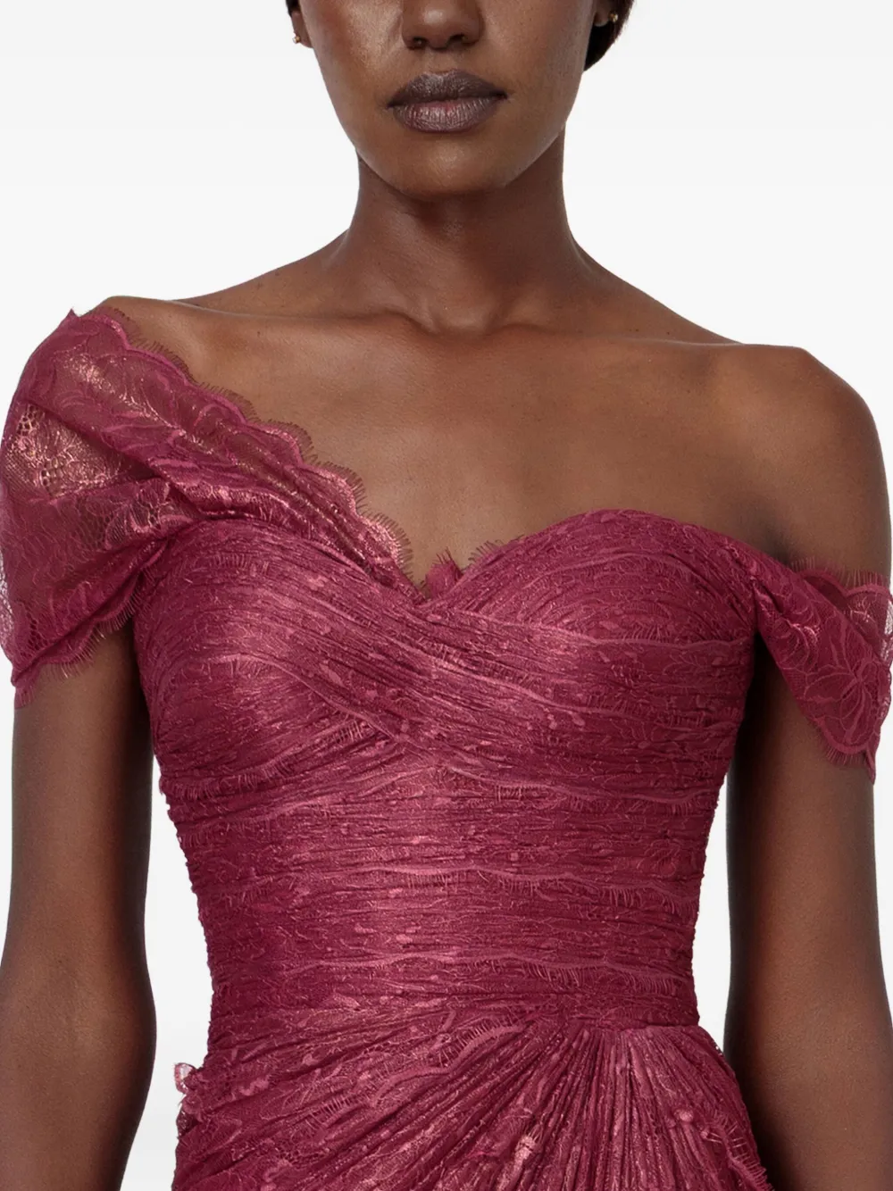 Iris Serban Eleria Draped Lace Gown In Burgundy
