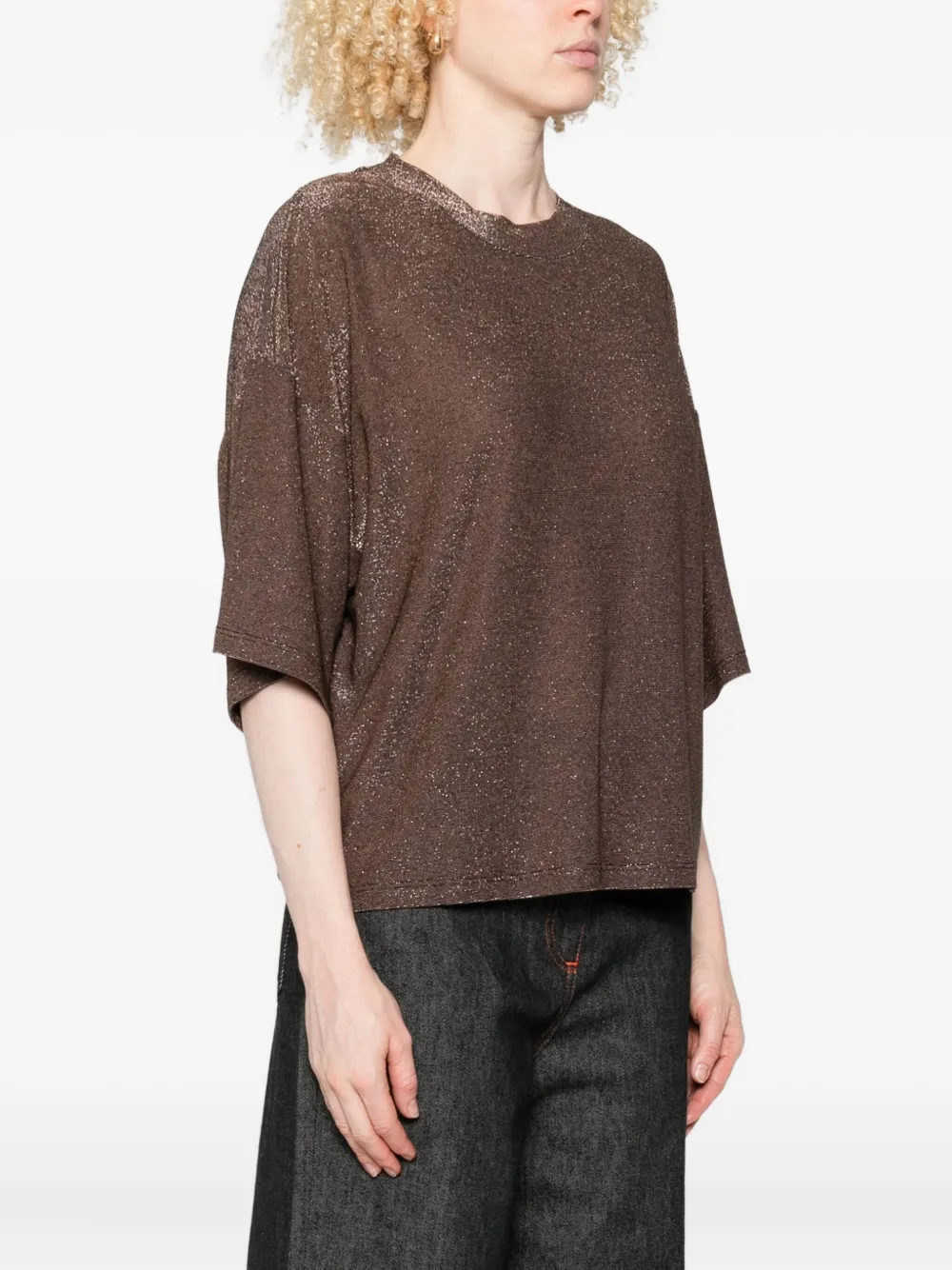 Niu T-shirt met glitter-effect en korte mouwen Bruin