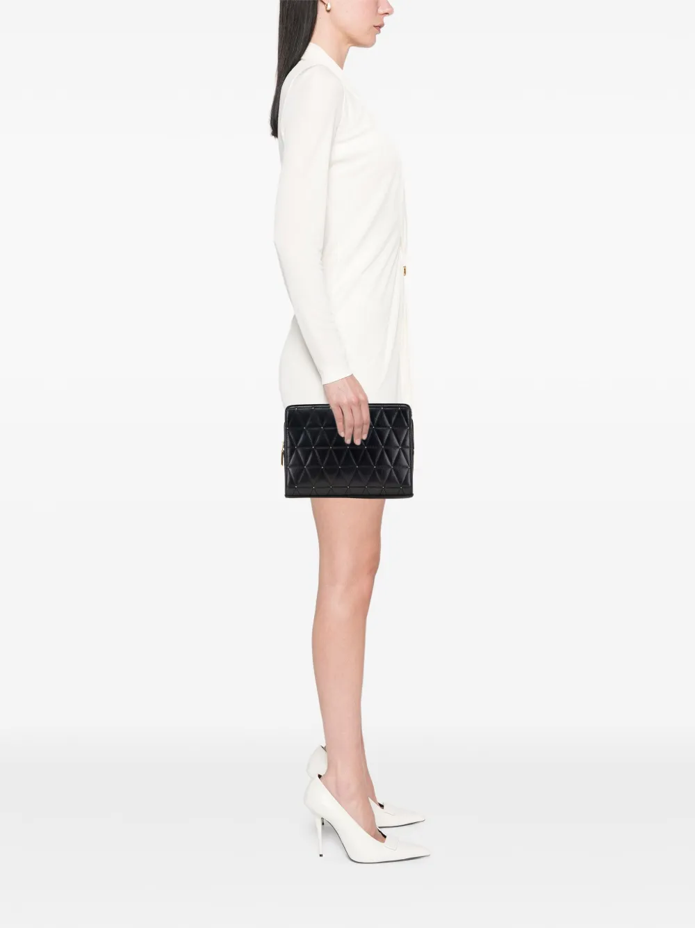 Pre-owned Valentino Garavani 20th Century Quilted And Studded Leather V Clutch Bag In Black