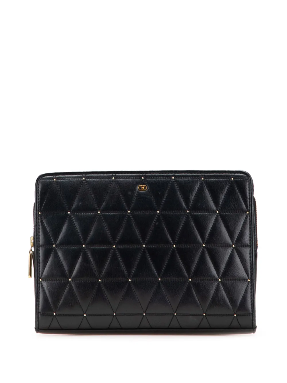 Pre-owned Valentino Garavani 20th Century Quilted And Studded Leather V Clutch Bag In Black