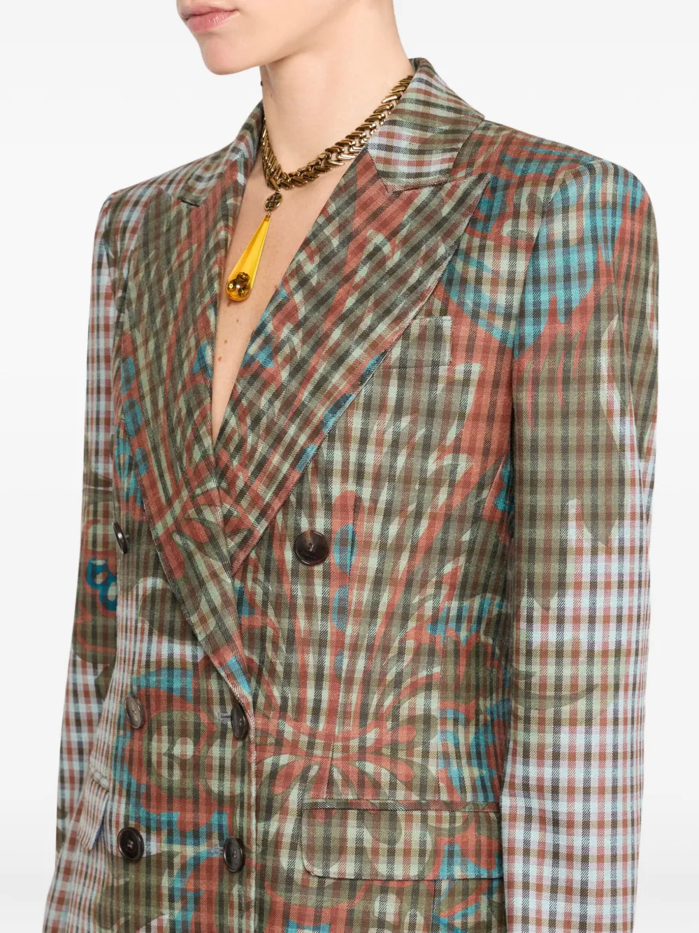 Etro Floral-print Gingham-pattern Blazer In Brown