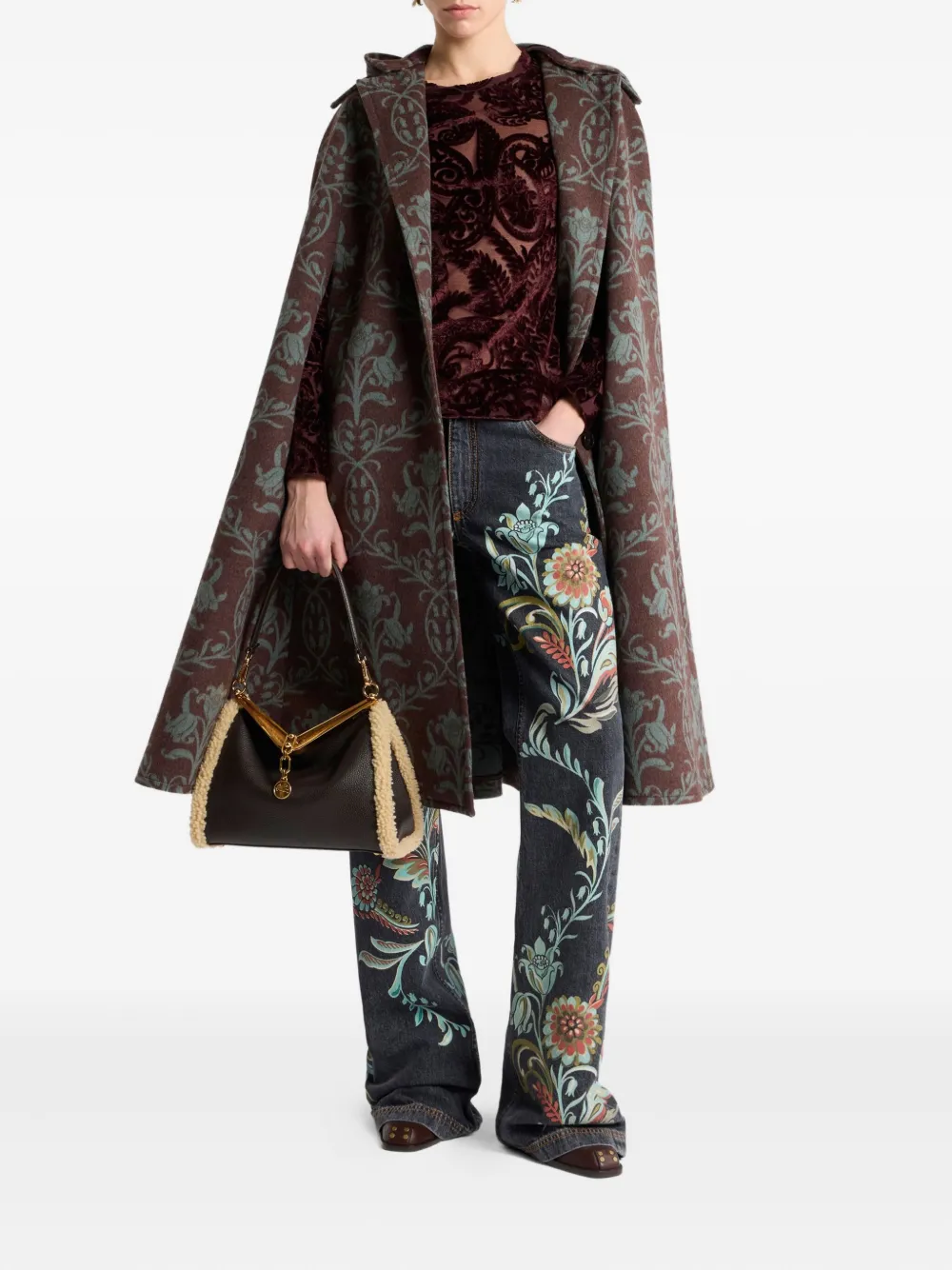 Etro Hooded Floral-pattern Cape In Red