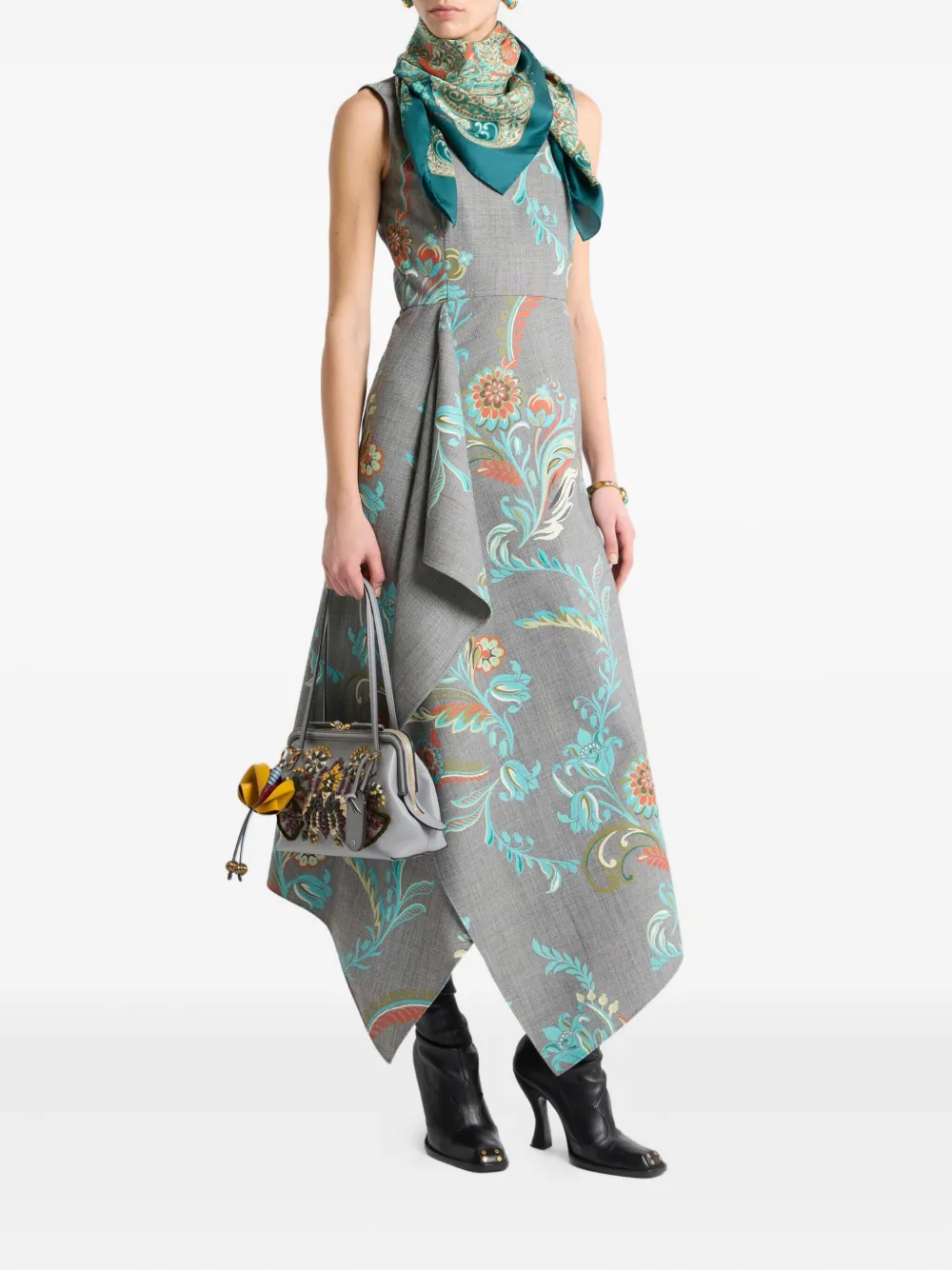 Etro Asymmetric Floral-print Dress In Gray