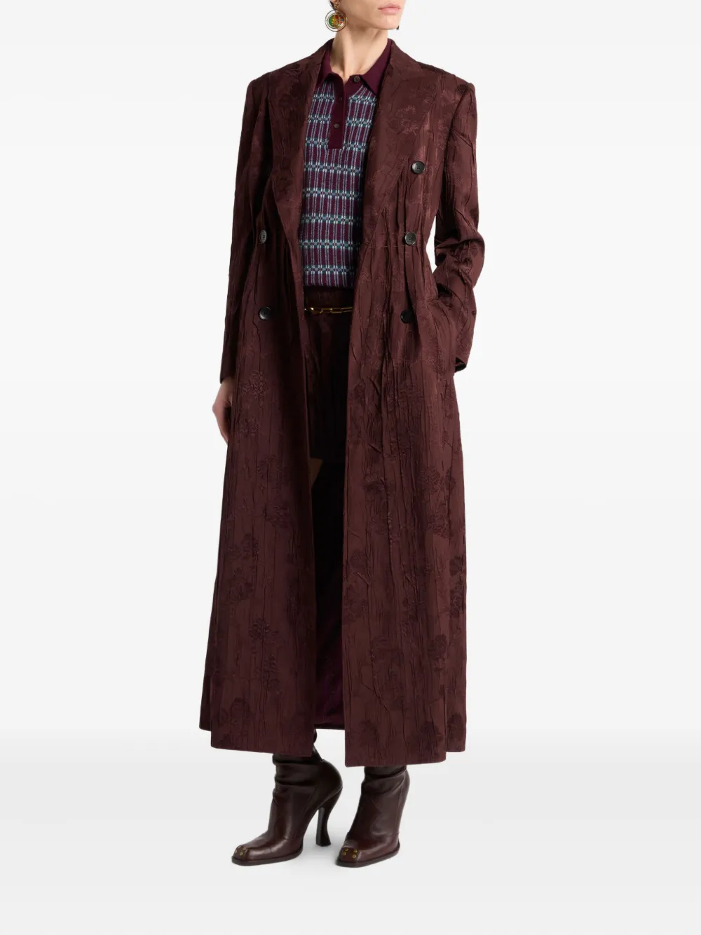 Etro Floral-embroidered Double-breasted Coat In Burgundy