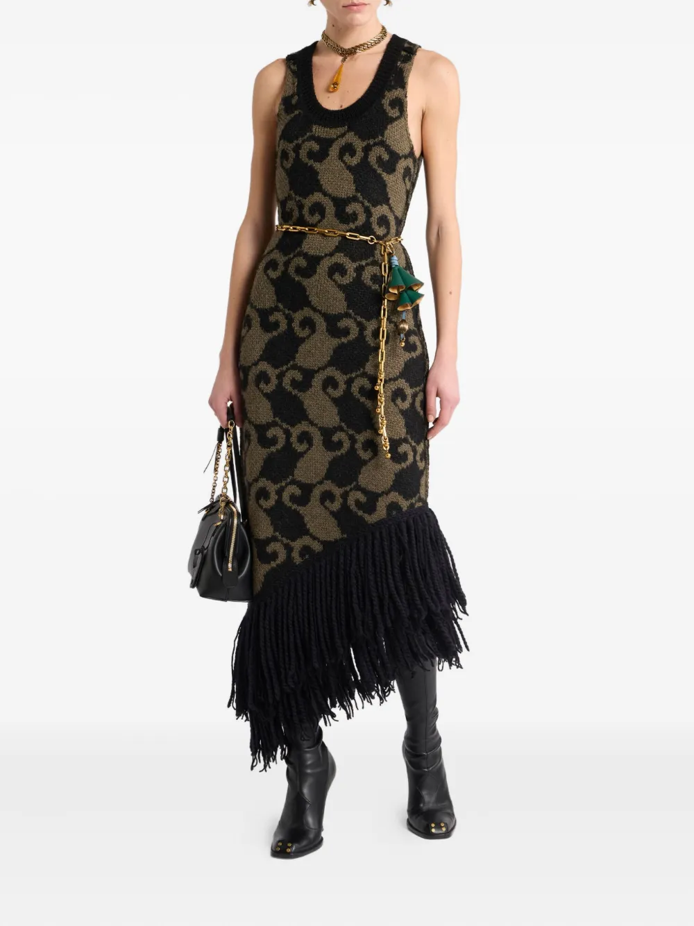 ETRO Midi-jurk met paisley jacquard en franje Zwart