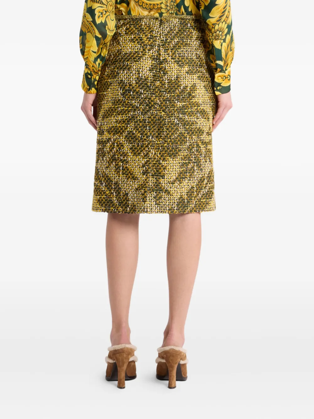Etro Jacquard Floral Basket Weave Wool Skirt In Green