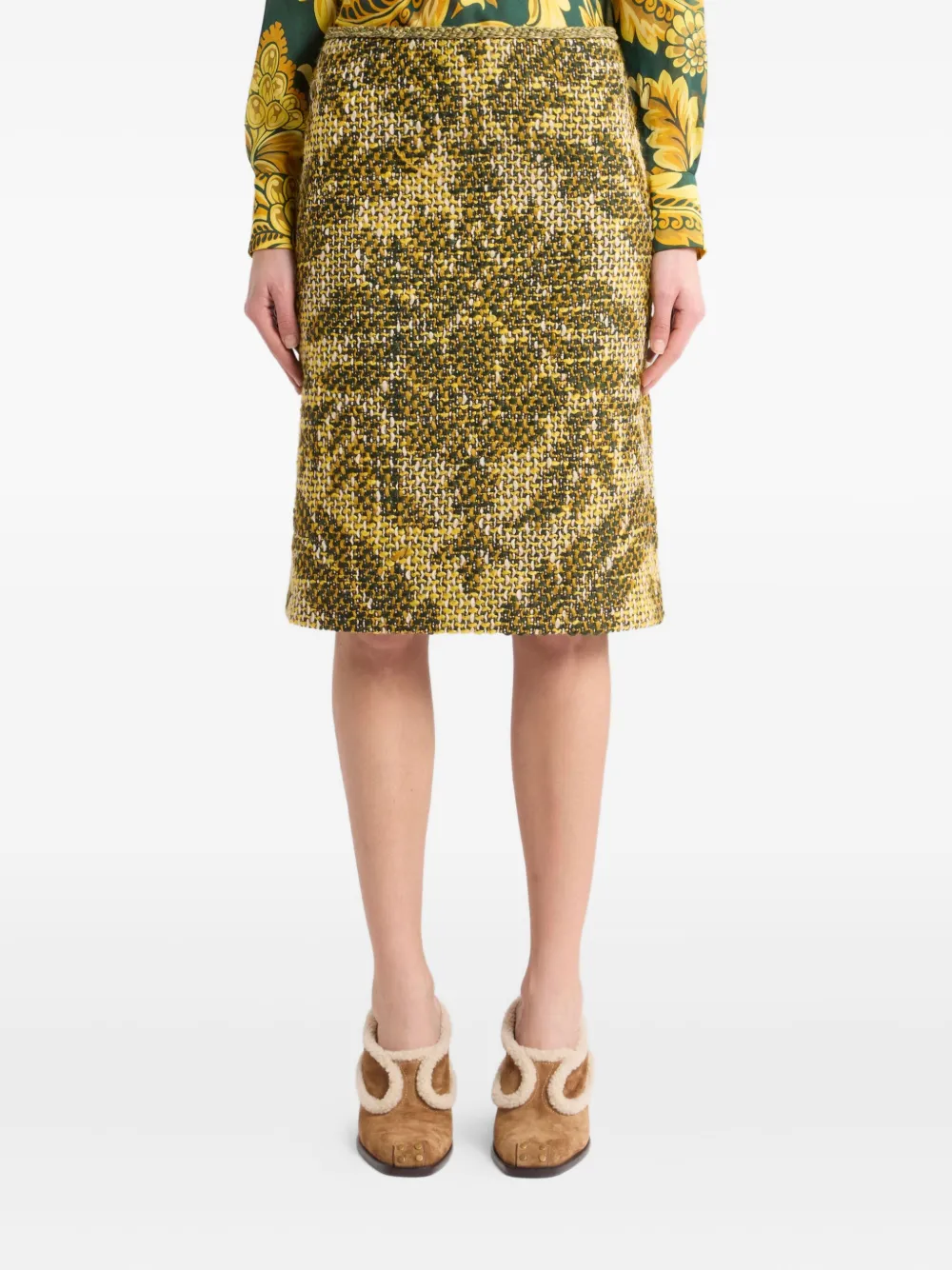 Etro Jacquard Floral Basket Weave Wool Skirt In Green