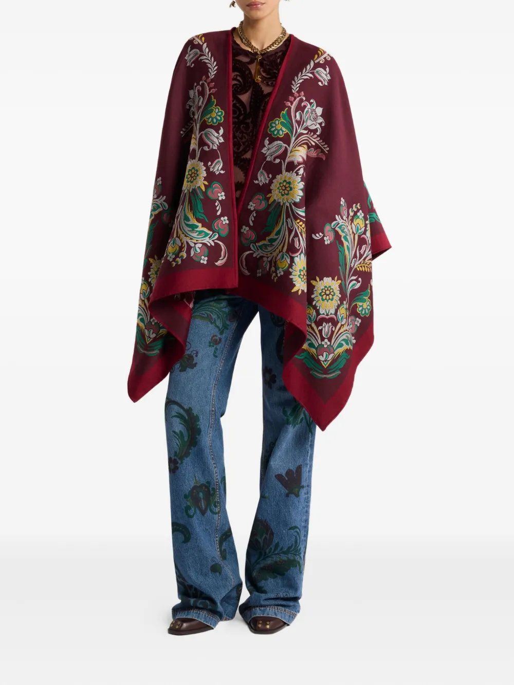 Etro Floral-jacquard Cape In Red