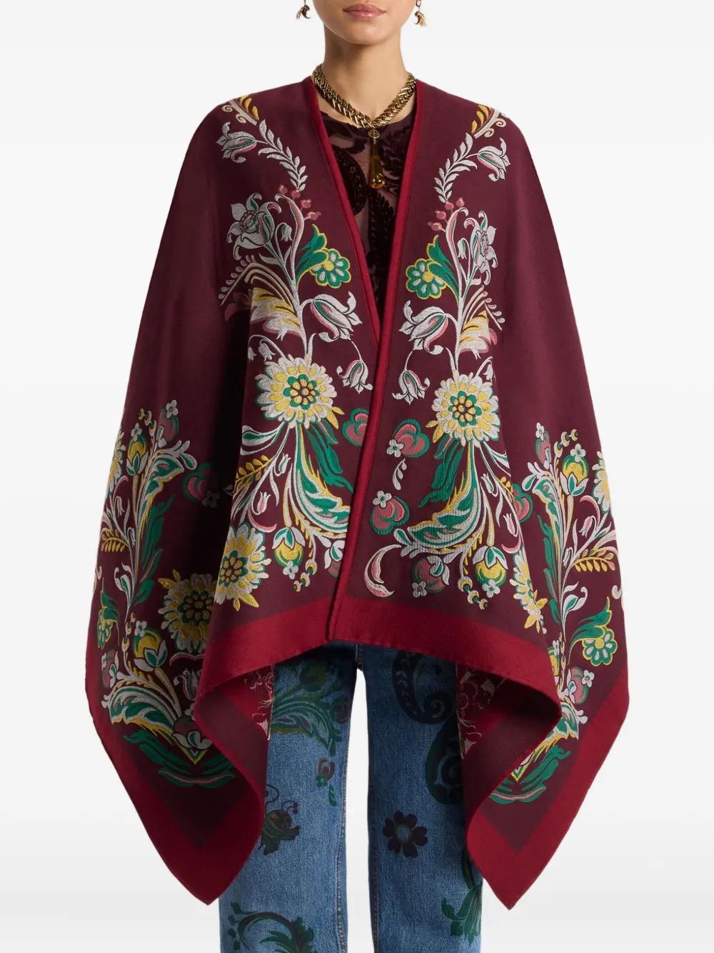 Etro Floral-jacquard Cape In Red