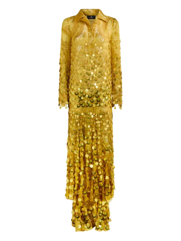 etro embroidered dress Etro, Long Silk Dress With Sequin Embroidery, Woman, Yellow, Size 38